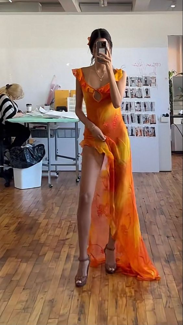 Sexy Ruffles Slit Chiffon Long Prom Dress Party Evening Dress HZ1023